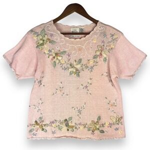 JR Bentley Vintage Floral Embroidered Knit‎ Top Pink Short Sleeve Cottagecore S